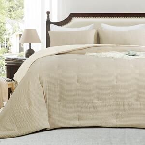 HOMBYS 3 Piece Seersucker Oversized King Comforter Set 98x120, Breathable Beige